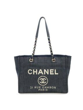 Chanel Deauville Tote MM Shoulder Bag Denim Navy Silver